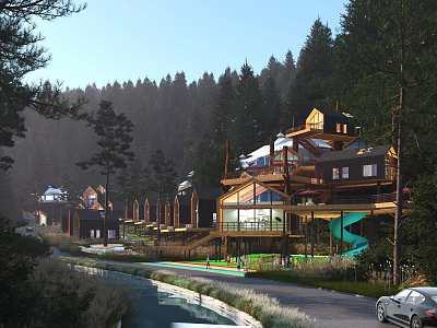Scenic Wooden Guesthouse Buildings In Forest With Slide Stream And Road 3d model