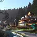 Scenic Wooden Guesthouse Buildings In Forest With Slide Stream And Road