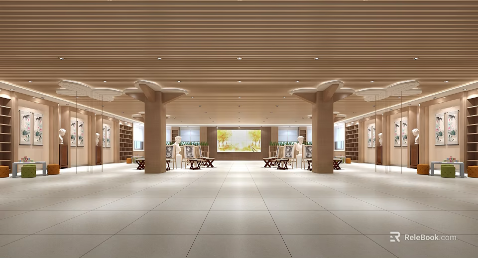 Book Art Library Interior With Wooden Bookshelves Columns Light Colored Tiled Floor And Central Tables 3d model 