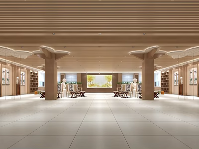 Book Art Library Interior With Wooden Bookshelves Columns Light Colored Tiled Floor And Central Tables 3d model