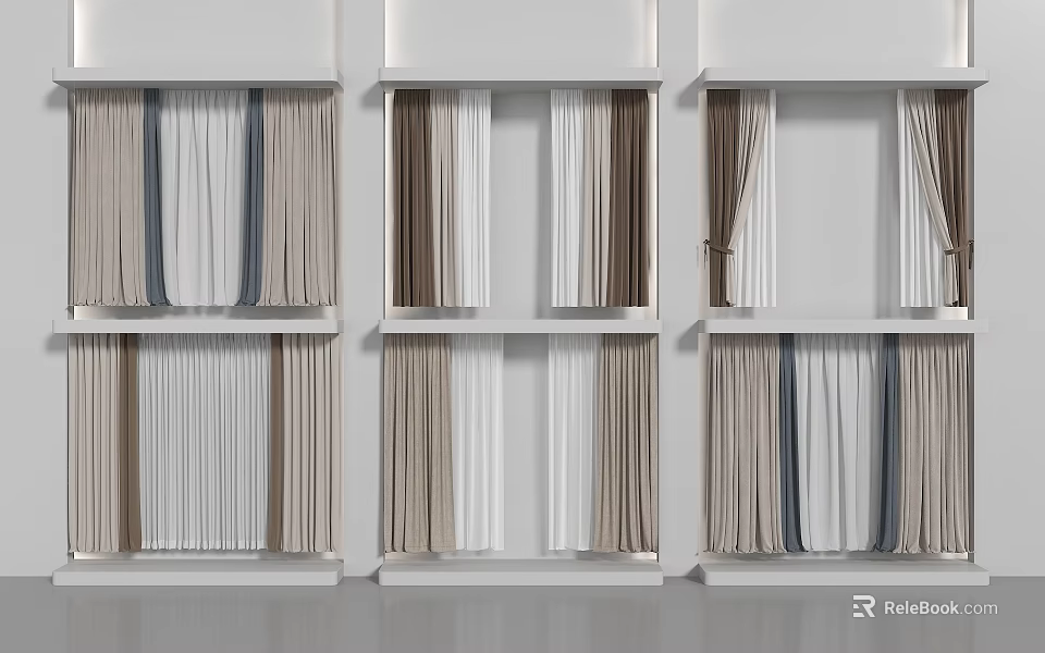 Curtains Display On Shelves With Various Styles Colors And Designs For Home 3d model 
