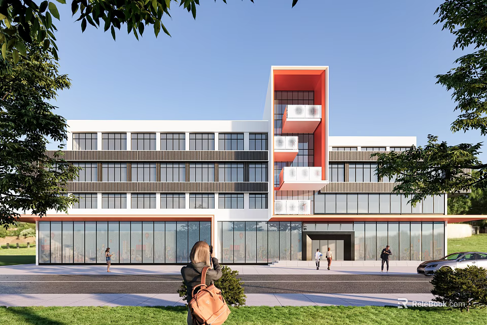 Modern Multi Storey Office Building Featuring Glass Curtain Walls Red Accents Greenery and Pedestrians 3d model 