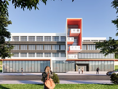 Modern Multi Storey Office Building Featuring Glass Curtain Walls Red Accents Greenery and Pedestrians 3d model