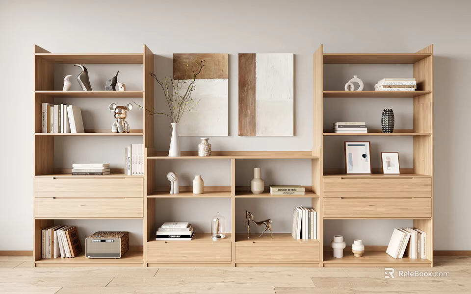 Modern Wooden Bookcase With Open Shelves Books Decorative Vases And Figurines 3d model 