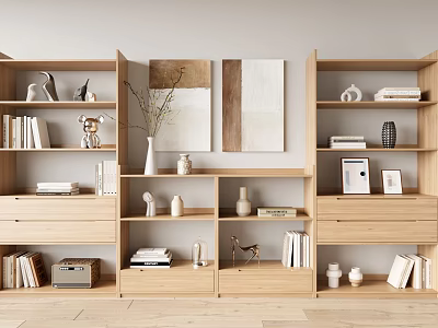 Modern Wooden Bookcase With Open Shelves Books Decorative Vases And Figurines 3d model