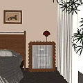 Scalloped Wooden Bedside Table With Red Lamp Framed Artwork And Potted Plant