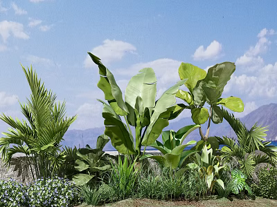Tropical Green Plants With Large Leaves And Flowers Against Blue Sky And Mountains 3d model