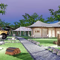Scenic Campsite With Camper Van Tents Green Grass Pathway Trees And Evening Lighting