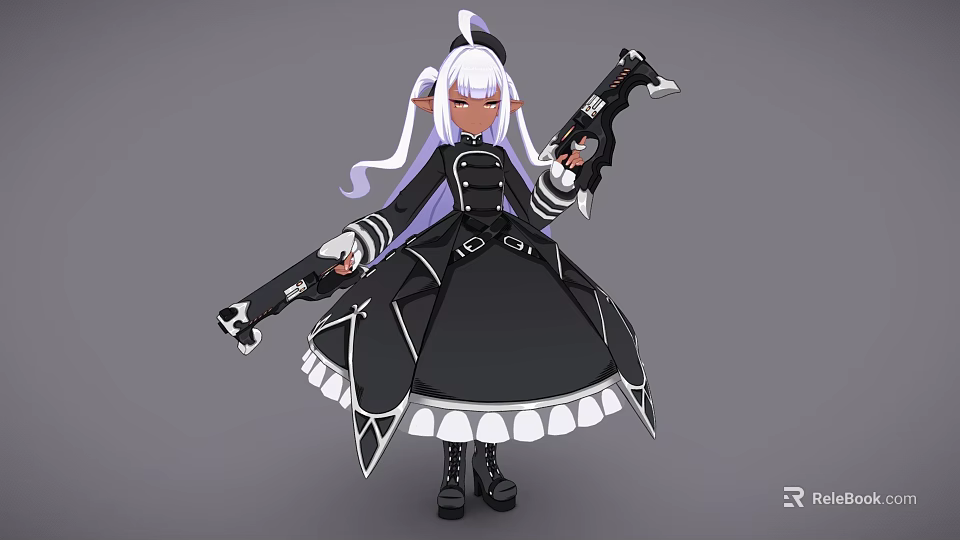Anime Style Woman With White Hair Twin Ponytails In Black Dress Holding Two Guns 3d model 