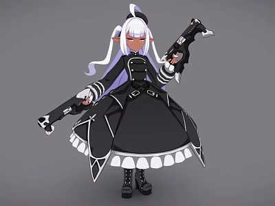 Anime Style Woman With White Hair Twin Ponytails In Black Dress Holding Two Guns 3d model