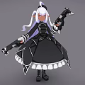 Anime Style Woman With White Hair Twin Ponytails In Black Dress Holding Two Guns