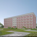 Red Brick School Building With Multiple Floors And Large Windows Surrounded By Green Lawns