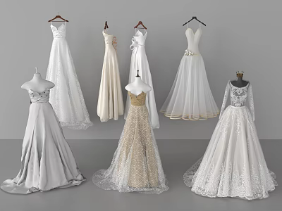 Elegant Wedding Dresses In Various Styles With White Beige Gold And Lace Details 3d model