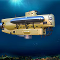 Yellow Submarine Underwater Exploration Vehicle In Deep Blue Ocean With Coral Reef