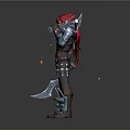 Red Haired Game Movie Character With Axes On Back Metal Armor On Green Grass