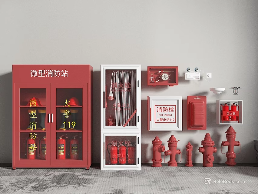 Fire Equipment in Mini Fire Station with Red Cabinets Hydrants and Tools 3d model