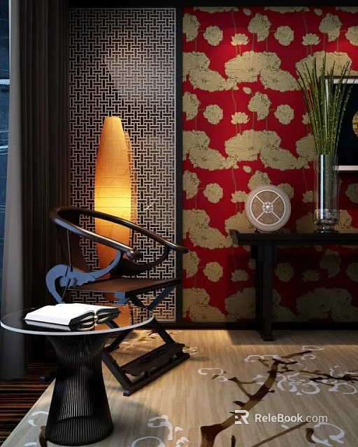 Stylish Leisure Chair In Interior With Red Gold Floral Wallpaper Floor Lamp And Side Table 3d model 