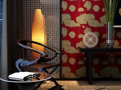 Stylish Leisure Chair In Interior With Red Gold Floral Wallpaper Floor Lamp And Side Table 3d model