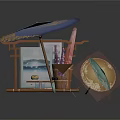Japanese Scenic Structure With Blue Umbrella Yellow Patterns Wooden Platform Screen Tea Set And Mat