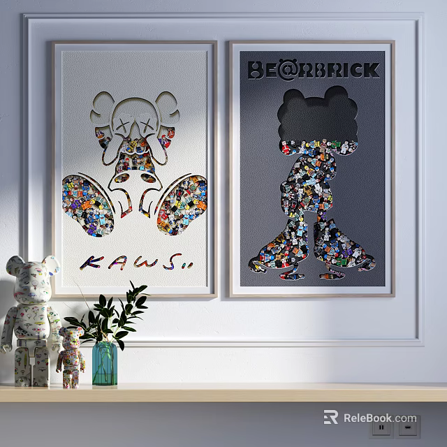 KAWS and BE@RBRICK Wall Art Display with Decorative Figurines and Plant 3d model