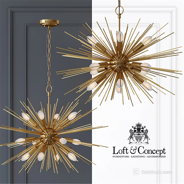 Elegant Golden Starburst Chandelier With Radiant Metal Arms And Bulbs 3d model 