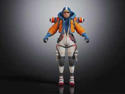 Adventurous Character In Orange Blue Hooded Outfit With Backpack And Creature Companion 3d model