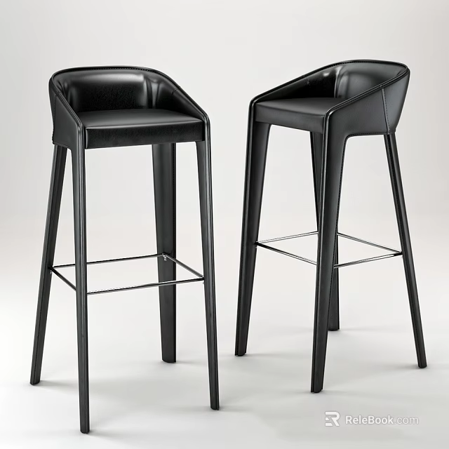 Modern Black Leather Bar Stools With Backrest And Metal Frame Design 3d model