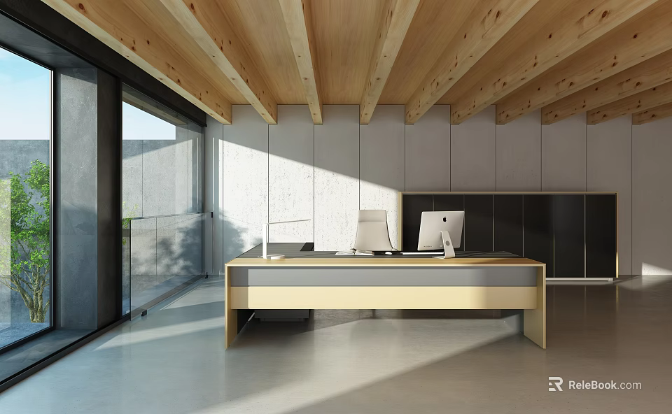 Modern Office Desk In Minimalist Design With Wooden Ceiling Large Windows Gray Walls And Computers 3d model 