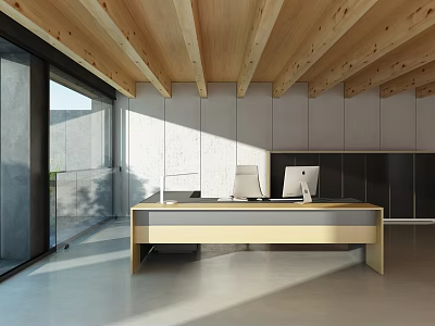 Modern Office Desk In Minimalist Design With Wooden Ceiling Large Windows Gray Walls And Computers 3d model