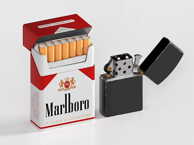 Marlboro Cigarette Pack With Open Lid And Black Lighter For Daily Use 3d model