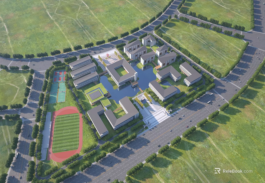 Modern School Buildings Complex With Sports Field Track Central Pond And Green Lawns 3d model 