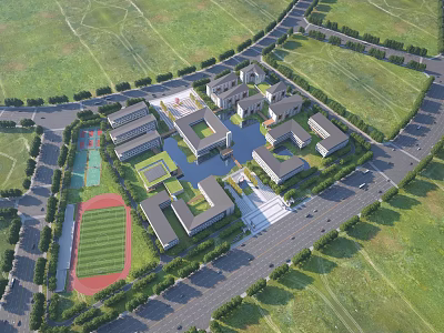 Modern School Buildings Complex With Sports Field Track Central Pond And Green Lawns 3d model