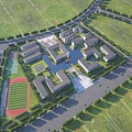 Modern School Buildings Complex With Sports Field Track Central Pond And Green Lawns