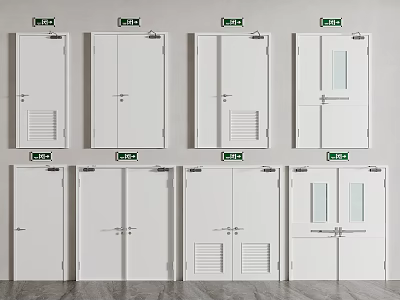 Various White Door Styles With Green Signs Including Single Double And Window Panels 3d model