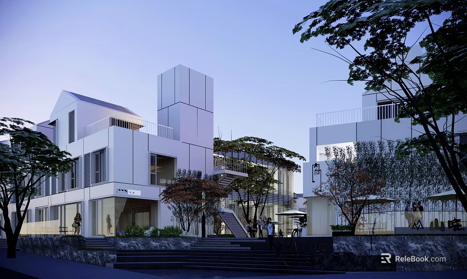 Modern Commercial Street With White Buildings Trees Steps And Evening Pedestrians 3d model 