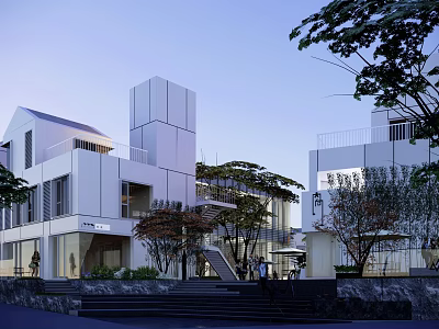Modern Commercial Street With White Buildings Trees Steps And Evening Pedestrians 3d model