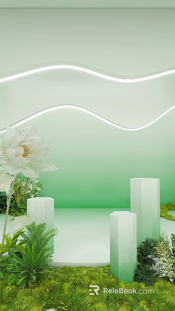 Live Stream Room With Green Gradient Background White Flower Decorative Cubes And Plants 3d model 