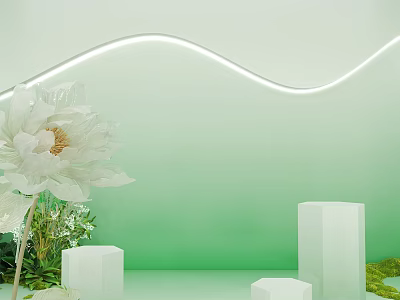 Live Stream Room With Green Gradient Background White Flower Decorative Cubes And Plants 3d model
