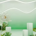 Live Stream Room With Green Gradient Background White Flower Decorative Cubes And Plants