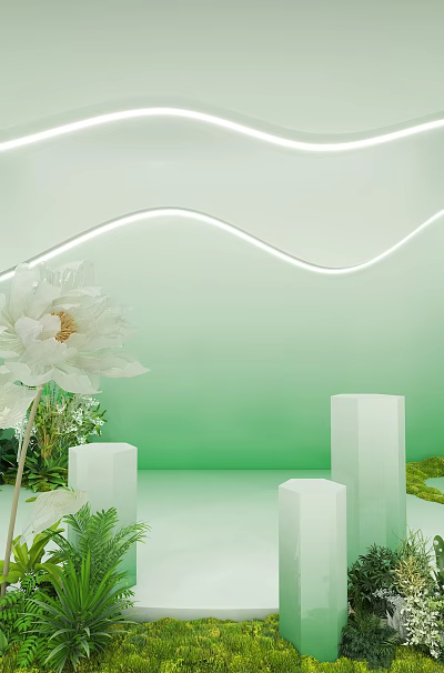 Live Stream Room With Green Gradient Background White Flower Decorative Cubes And Plants 3d model