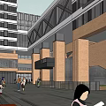 Modern Urban Entrance With Brick Archway High-rise Buildings And Pedestrians Around
