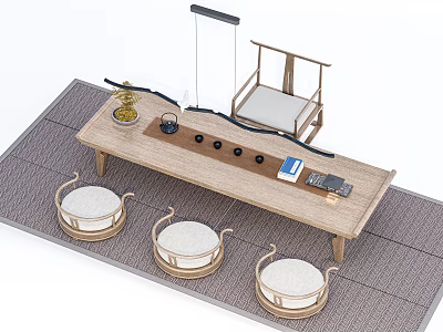 Natural Wood Tea Table with Round Stools and Tea Accessories on Woven Rug 3d model