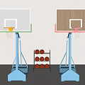Basketball Gym Interior With Two Hoops Colored Backboards Blue Stands And Red Basketballs Rack