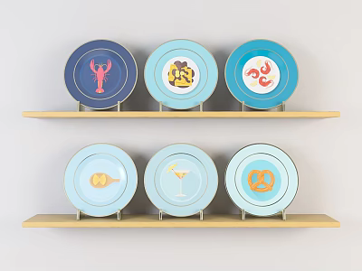Colorful Decorative Plates With Various Patterns On Wooden Shelves 3d model