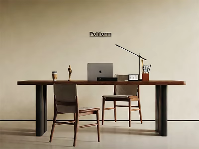 Modern Wooden Desk with Laptop Table Lamp Coffee Cup Pen Holder and Chairs 3d model