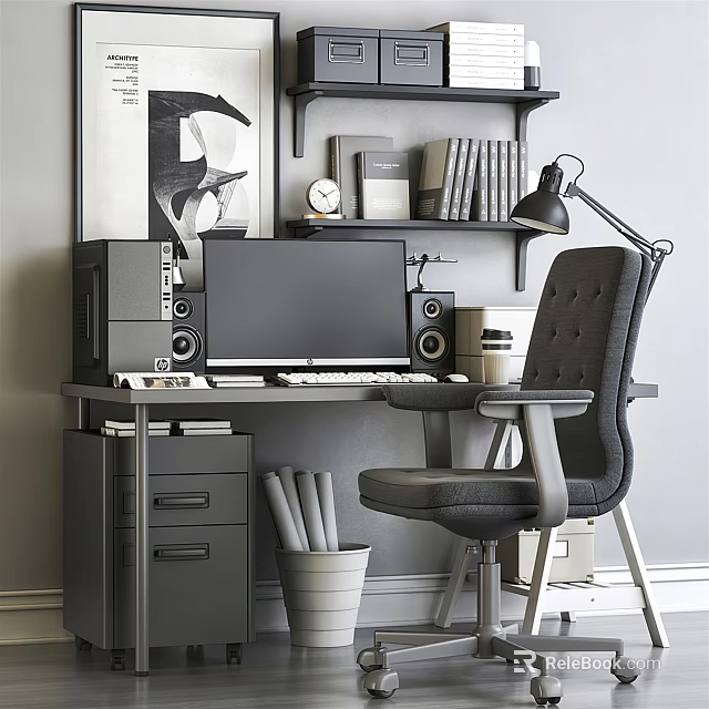 Modern Office Desk With Computer Monitor Speakers Desk Lamp Bookshelf Clock And Ergonomic Chair 3d model 