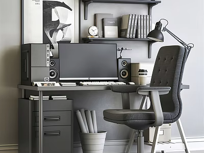 Modern Office Desk With Computer Monitor Speakers Desk Lamp Bookshelf Clock And Ergonomic Chair 3d model