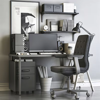 Modern Office Desk With Computer Monitor Speakers Desk Lamp Bookshelf Clock And Ergonomic Chair 3d model