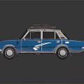 Blue Old Car With Roof Rack And White Stripes Rusty Worn Exterior