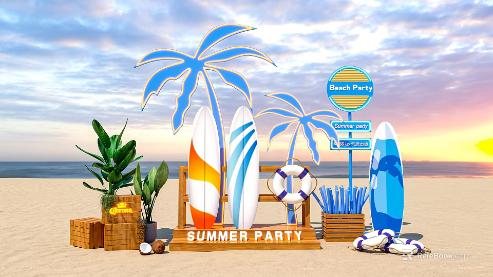 Summer Beach Party Setup With Surfboards Palm Trees Lifesaver And Wooden Crates 3d model 